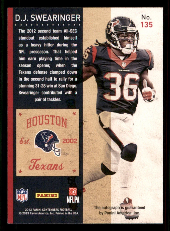 2013 Panini Contenders #135A D.J. Swearinger AU RC - Image 2 of 2