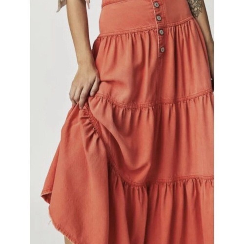 NWT Free People Dreamweaver Maxi Skirt Denim Jean Tiered High Rise Orange Sz XS - Picture 2 of 15