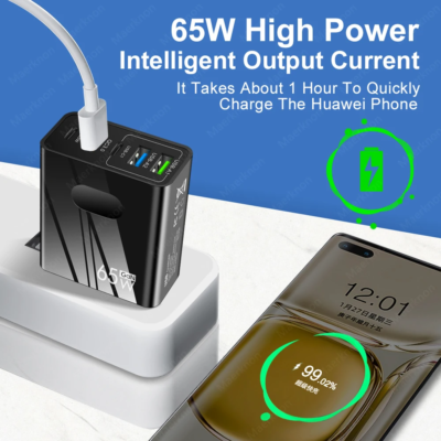 Chargeur mural rapide GaN 2x USB-C USB-A PPS PD QC4+ 65W Noir