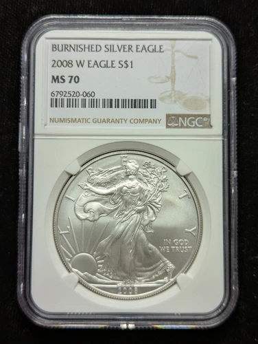 2008 W BURNISHED SILVER EAGLE NGC MS70 CLASSIC BROWN LABEL #033