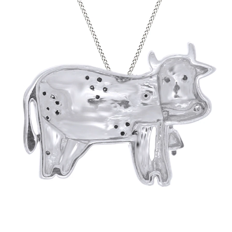 Colgante de vaca de circonita cúbica blanca y negra redondo de 1/9 quilate con cadena de plata de ley Foto 2 de 4