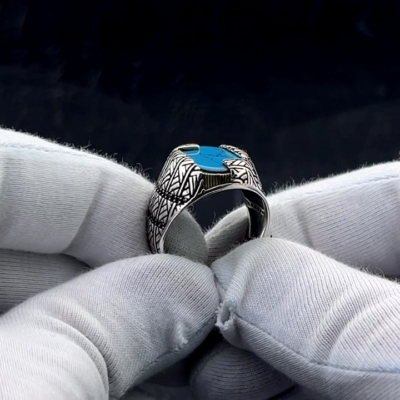 925 Sterling Silver Turquoise Stone Modern Design Turkish Men's