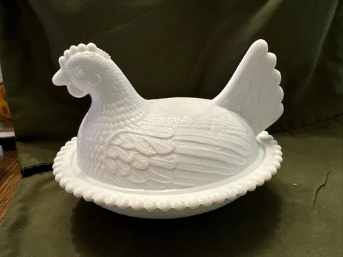 Glass Hen on Nest Vintage Indiana Glass Milk Glass Covered Chicken Candy Dish