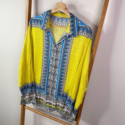 Malvin Shirt Top Womens 44 Blue Yellow Border Print Button Up Long Sleeve Casual - Picture 3 of 13