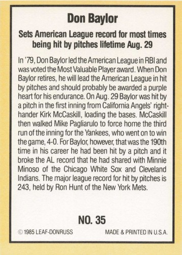 1985 Donruss Highlights Baseball Don Baylor New York Yankees #35 - Picture 2 of 2