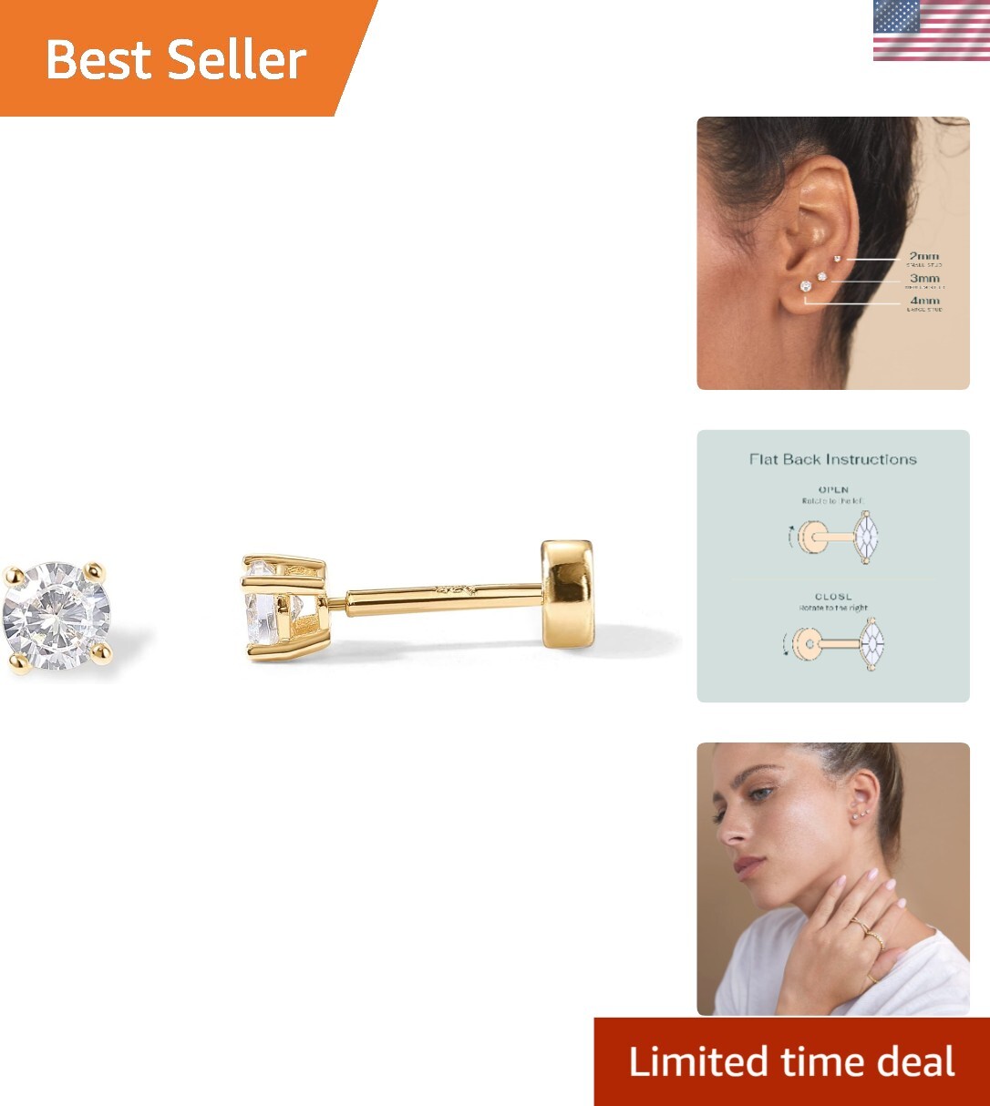 Hypoallergenic 14K Gold & Sterling Silver CZ Stud Earrings for Women - Ideal Gift