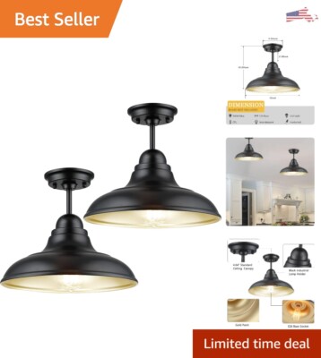 Industrial Farmhouse Ceiling Lights - Black Finish - 12'' Diameter, 2 Lights