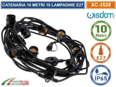 CATENA CATENARIA LUMINOSA 10 METRI NERA PER 10 LAMPADINE LED E27 DA ESTERNO IP65