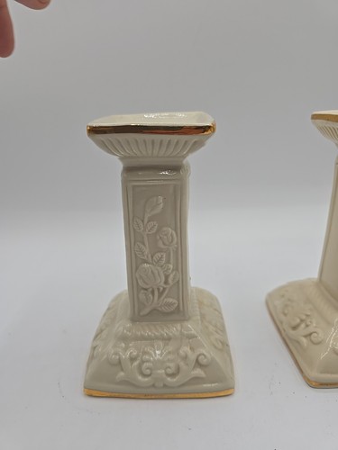 Embossed Floral Cream Gold Colored 6" Tall Square Base Candle Stick Holders Pair - Picture 4 of 7