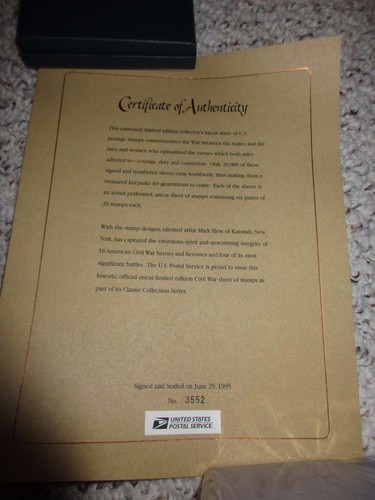 US #2975 32¢ Signed and numbered Civil War uncut press sheet of 6 panes with COA - Picture 3 of 5