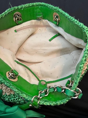 KATE SPADE Point Breeze green neutral raffia straw bow totebag handbag lined - Picture 5 of 5