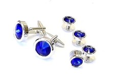 Faceted Swarovski Dark Sapphire Crystal Polished Rhodium Studs and Cufflinks
