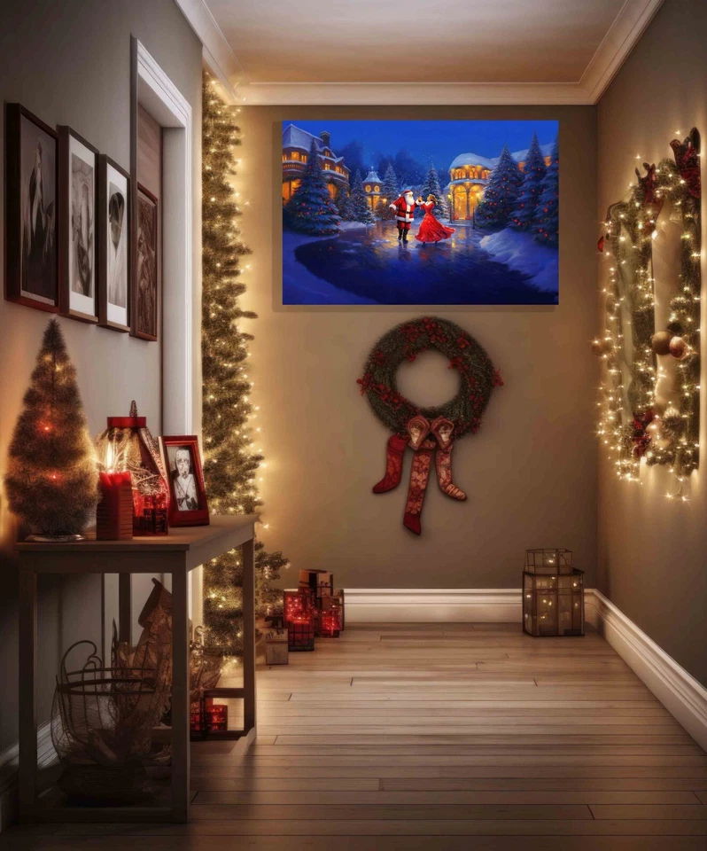 Santa and Mrs Claus Dancing on Ice Colourful Canvas Art Prints Wall Pictures - Image 2 of 4