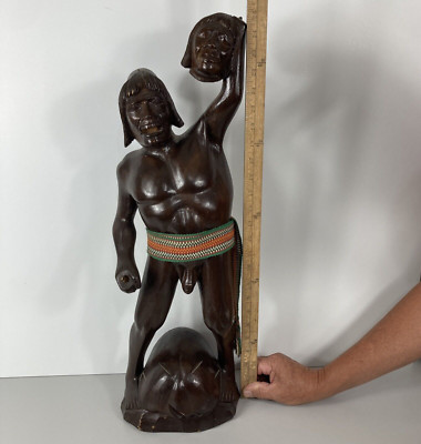 VTG Mid-Century Carved Headhunter Solid Wood Figurine Naked Severed Head 25'' 60s