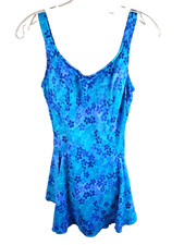 Vintage Maxine Of Hollywood Blue Floral One Piece Swimsuit Skirted Size 14