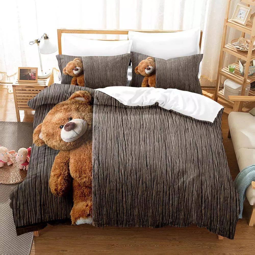 Teddy Bear Bedding Set Kids Gift Quilt Duvet Cover Set 3Pcs Single Double Size