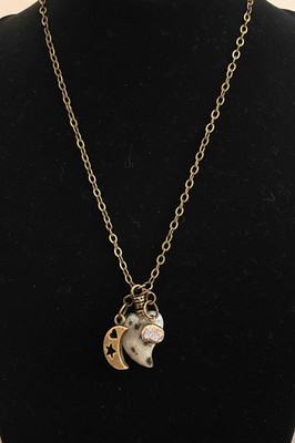 Natürlicher Dalmatiner Jaspis Herz Halskette Mond Stern Anhänger Bronze Kette Witchy Boho