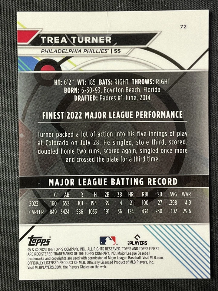 2023 Topps Finest #72 Trea Turner Phillies Rose Gold Refractor /75 (Creased) - Image 2 of 2