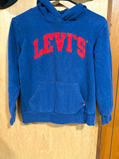 Levi s Unisex Kids Blue Pullover Hoodie Red Logo Fleece Pockets Size 10-12