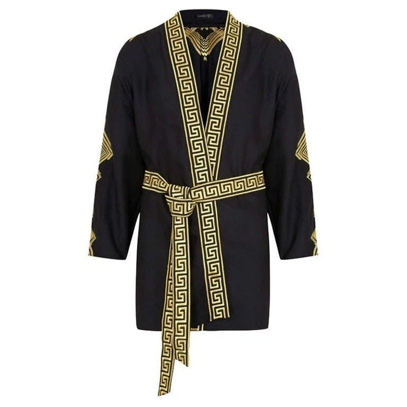 Giacca kimono Versace con cintura ricamata oro misto lana nera M