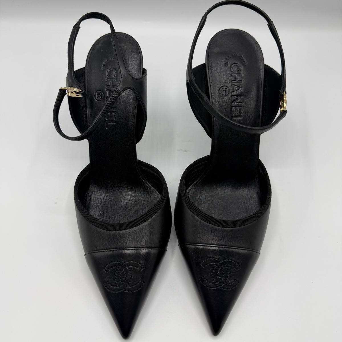 NEW CHANEL 26P Black Lambskin Leather CC Logo Pointed Toe