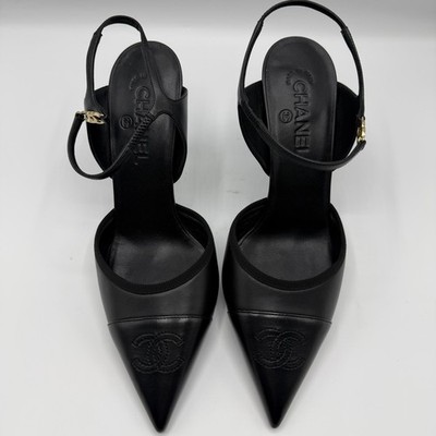 uu⭐️CHANEL ブラック ポインテッドトゥ ハイヒール NEW CHANEL 26P Black Lambskin Leather CC Logo Pointed Toe