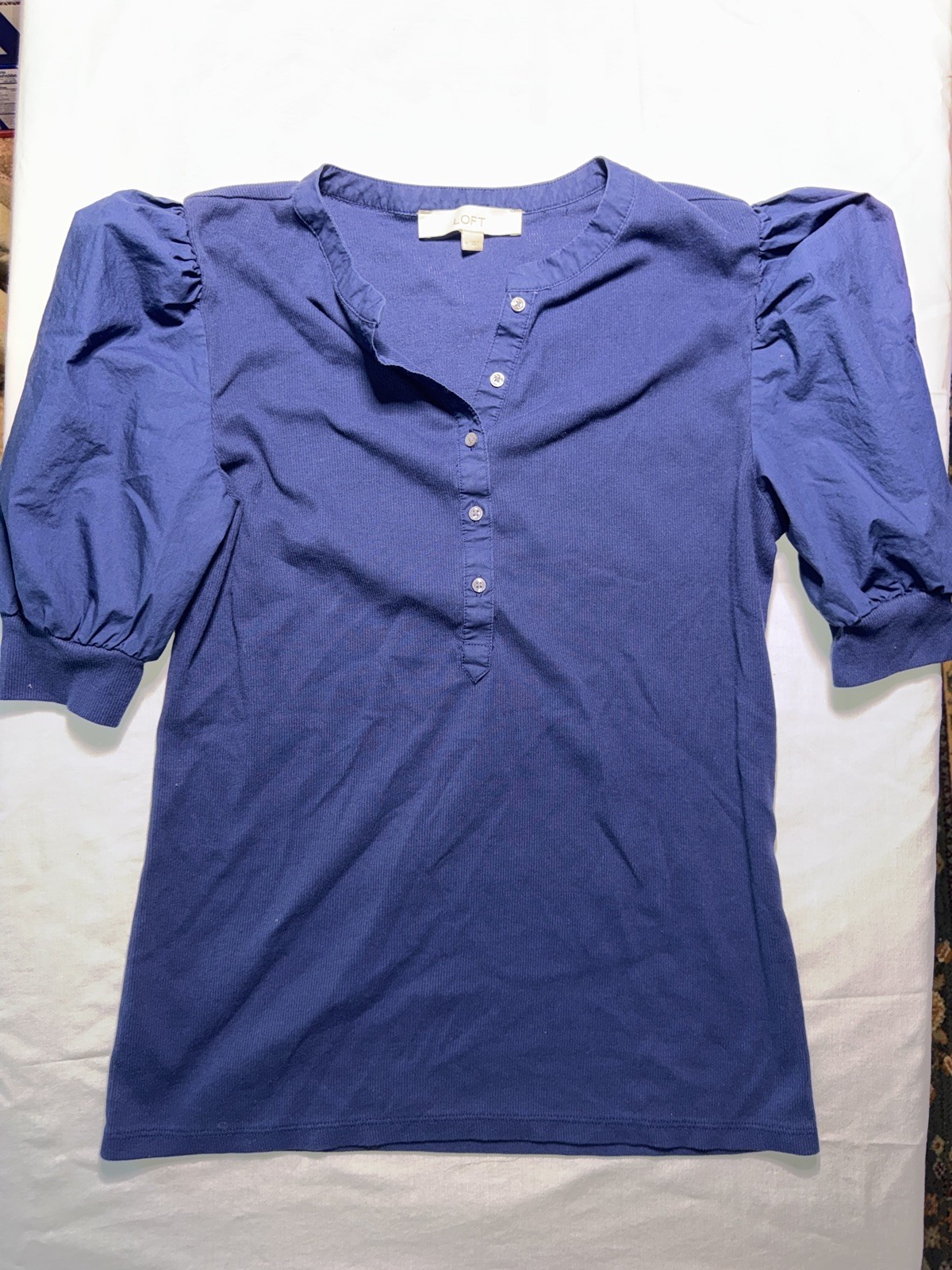 LOFT Rib Knit Henley Mixed Media Top - Navy - Size Medium Puff Sleeve