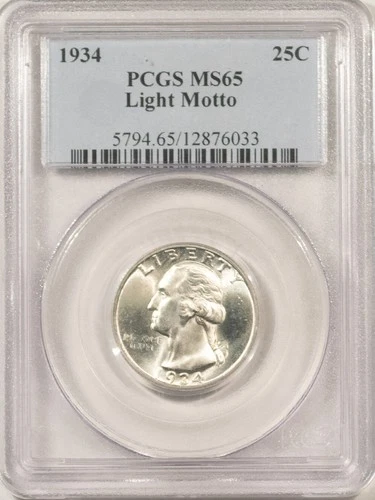 1934 WASHINGTON QUARTER LIGHT MOTTO - PCGS MS-65, BLAST WHITE!
