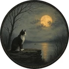 Round Metal Sign Silent Cat Under the Moon Retro Aluminum Sign Vintage Plaque