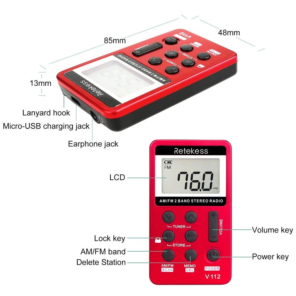 V112 AM FM Portable Pocket Radio, FM Receiver, Digital Tuning Stereo, with He... - Image 3 of 4