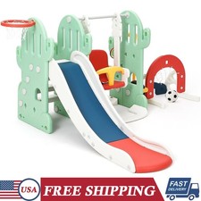 7-in-1 Toddler Slide Swing Playset w/ Adjustable Basketball Hoop Soccer Goal
