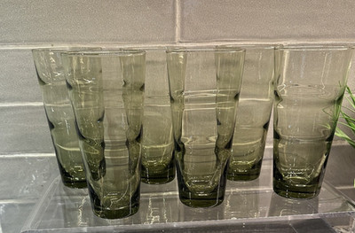 Six (6) Vintage Libbey Green Ripple High Ball Glasses Tumblers  ~ New old Stock