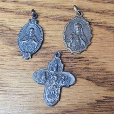 Lot of 3 VTG Catholic Charms Metal Italy 1" - 4 Way Cross, Jesus, Mt Carmel