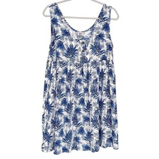 Makai Beach Hawaii Blue Tropical Palm Leaf Rayon Babydoll Sundress / Cover Up M