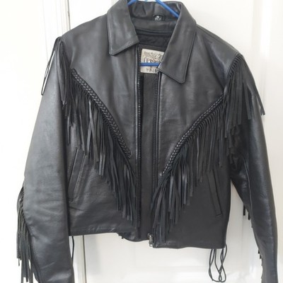 WILSONS Leather OPEN ROAD Black Biker Jacket W Fringes Womens SZ Med Vtg 90s Y2K