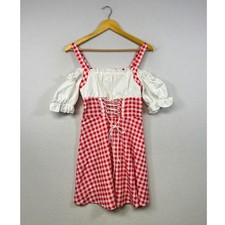 Mod Red Gingham Off Shoulder Lace Up Puff Sleeve Dress Size S NWT