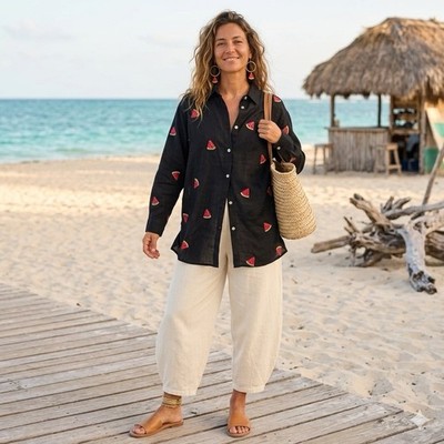 Shirt  XL Black Linen Watermelon Print Beachy Coastal Resort Minimalist