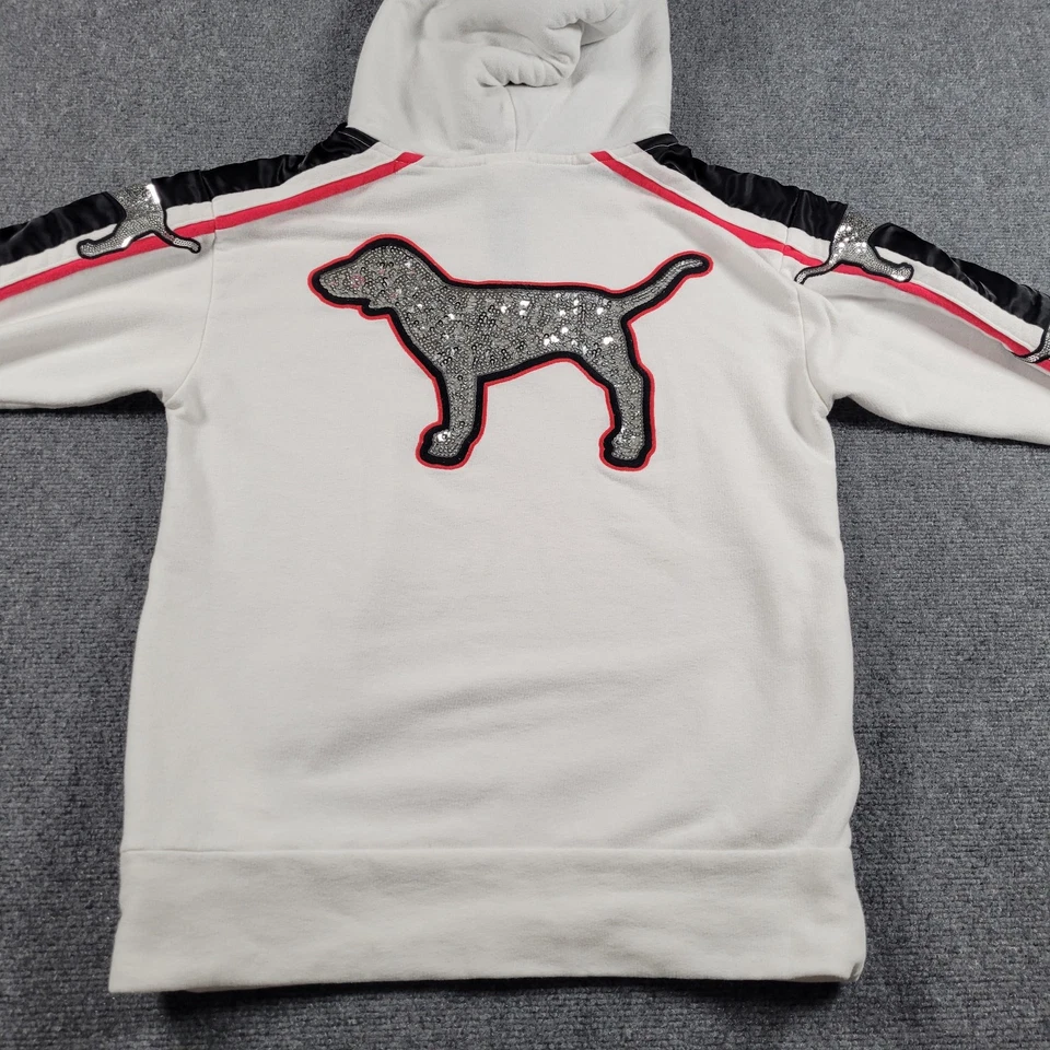 PINK Victoria's Secret Hoodie Womens XS White Sherpa Lined 1/4 Zip Sequin Dog - Image 3 of 4