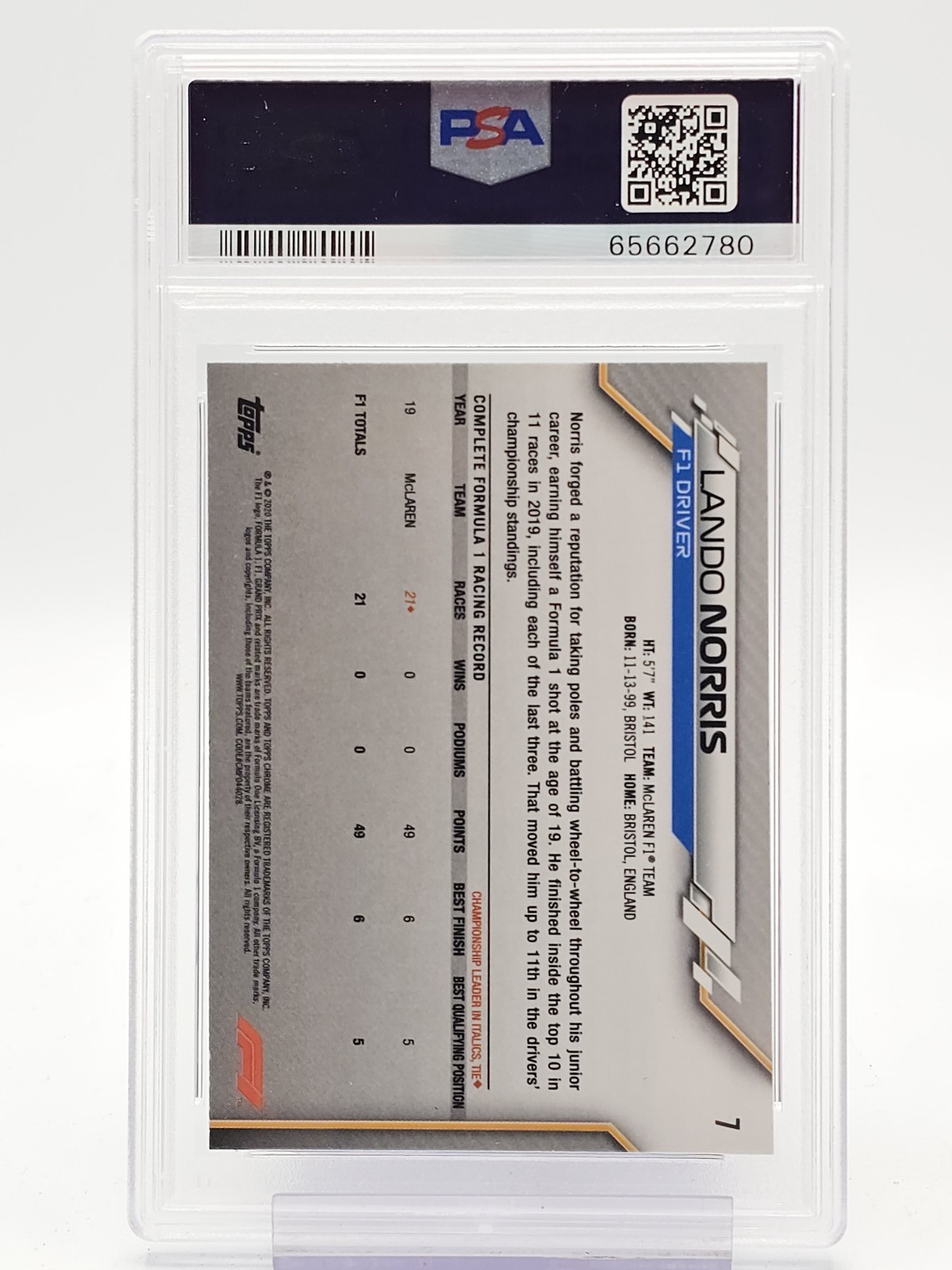 LANDO NORRIS 2020 TOPPS CHROME F1 ROOKIE #7 MCLAREN PSA 10 Q6911 view 2