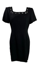Vintage John Roberts Made in USA Black SS Sheath Dress Square Neck Knee Size 6
