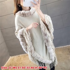 Women Faux Fur Poncho Cape Tassel Fringed Cloak Wrap Shrug Coat Jacquard Warm