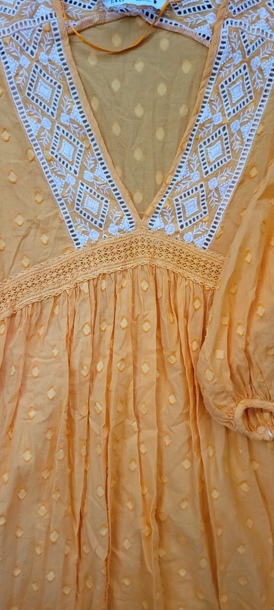 Zara Openwork White Lace Embroidery Jumpsuit Dress XS Yellow Dot Flowy Long  Slee | eBay