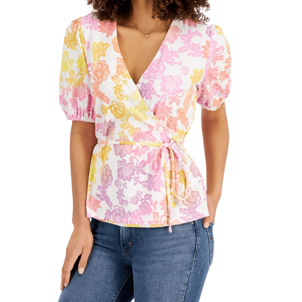 Charter Club Cloud Combo Wrap-Front Puff-Sleeve Printed Top Size M NWT