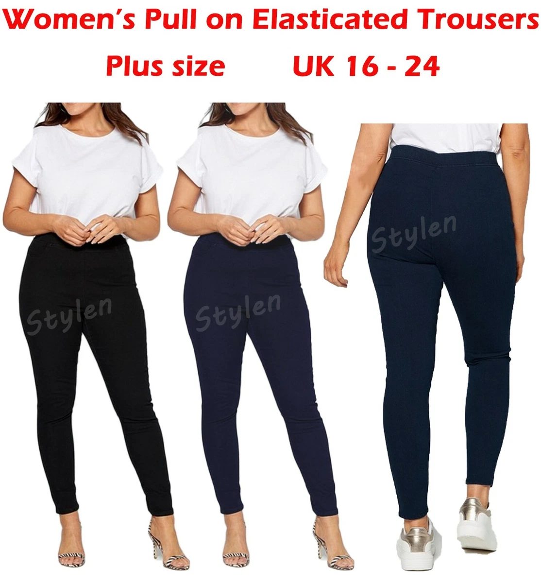 Women Pull On Elasticated Trouser Pants Plus Size Trousers Cherry Berry 16  - 24