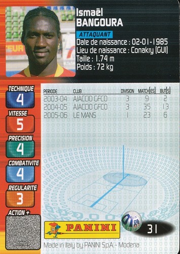 031 ISMAEL BANGOURA # GUINEA LE MANS.UC 72 CARD PANINI DERBY TOTAL 2006-2007 - Picture 2 of 2