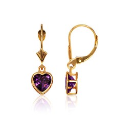 14K Solid Y Gold Bezel Set Amethyst 6mm Heart Leverback Dangle Earrings