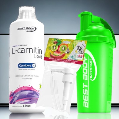 Best Body Nutrition L-Carnitin Liquid 1000ml + Dosierpumpe + Shaker in Grün