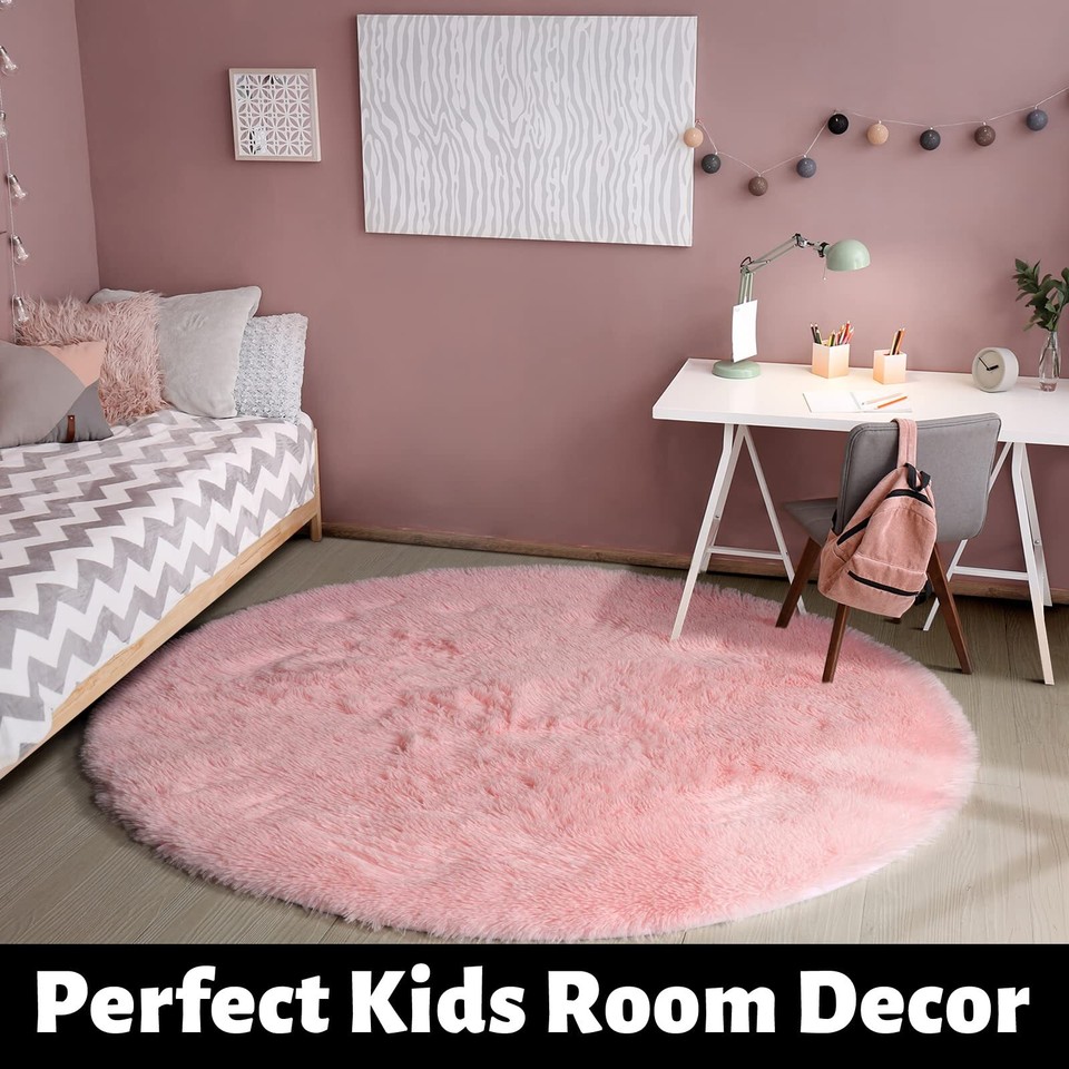 Pink Round Rug for Girls Bedroom,Fluffy Circle Rug 4'X4' for Room,Furry