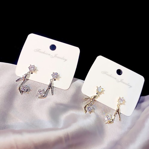 Clear gemstone high heel shoes 18k yellow gold/white gold filled stud earrings - Imagen 3 de 8