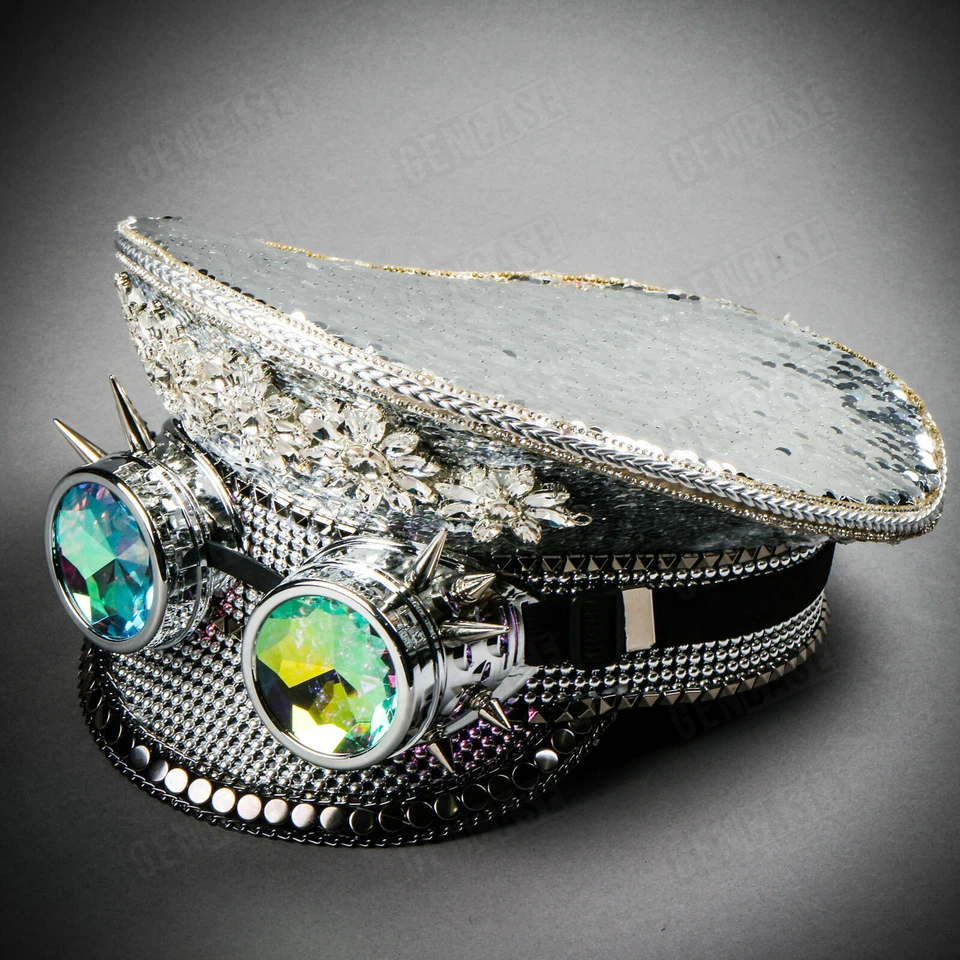 银色亮片蒸汽朋克燃烧人船长帽子带尖刺护目镜万圣节帽子 — 第 3/4 张图片